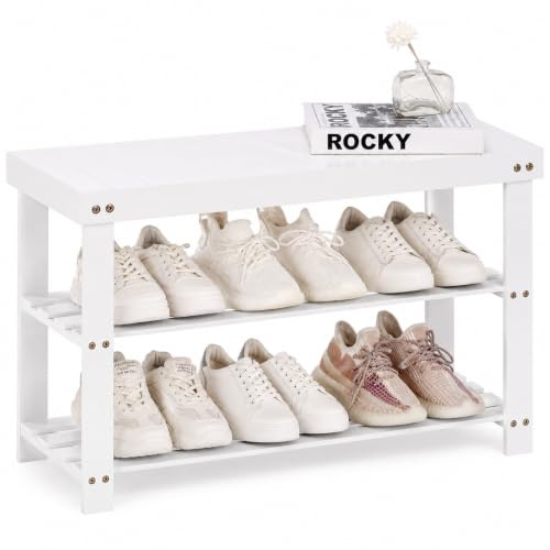 APICIZON Schuhbank aus Bambus, 70 x 28 x 45 cm, Schuhregal mit Sitzbank, Belastbar bis 130 kg, Schmaler Schuhschrank für Flur, Eingangsbereich und Schlafzimmer, Weiß