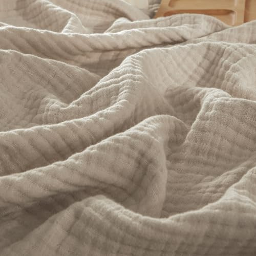 PHF 100% Cotton Muslin Throw Blanket 50 x 60, 4-Layer Lightweight Gauze Throw, Breathable Cloud-Soft Minimalist Blanket for Bed, Couch, Camping & Baby, Taupe, Ideal Gift