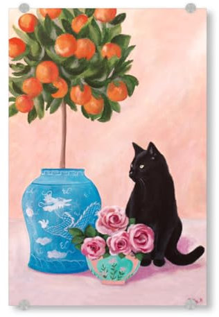 artboxONE Acrylglasbild 120x80 cm Floral Schwarze Katze und Orangenbaum - Bild orangenbaum katzenkunst Naive Kunst