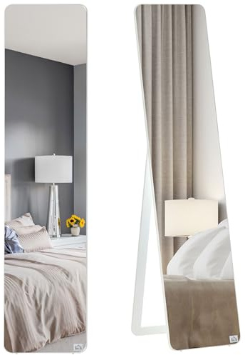 HOMCOM Espejo de Pie Cuerpo Entero Rectangular Espejo de Pared con 2 Formas de Uso Marco de Madera de Pino Moderno para Pasillo Dormitorio Sala de Estar 37x43x156 cm Blanco