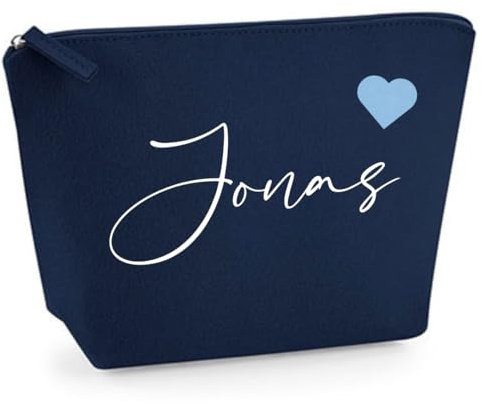 Kosmetiktasche Filz - Schminktasche personalisiert - Tasche mit Name Schreibschrift und Herz - Kosmetikbeutel mit Namen - Filztasche - Geschenkidee (Dunkelblau, M)