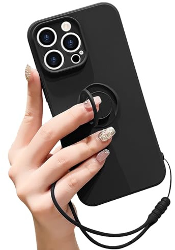 Pepmune for iPhone 15 Pro Max Silicone Case with Ring Holder-Black | Kickstand Magnetic Car Mount,Detachable Wrist Strap,Shockproof Soft Protective Cover