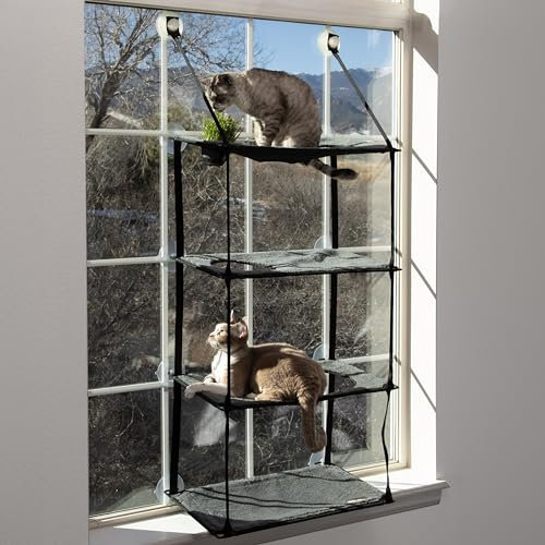 K&H Pet Products EZ Mount Katzen-Fensterstange mit 4 Ebenen, Katzengras, Wachstumsstation, Quad-Stapel, Turm-Hängematte, Fensterbett für den Innenbereich, selbstgewachsenes Gras, Katzenspielzeug für