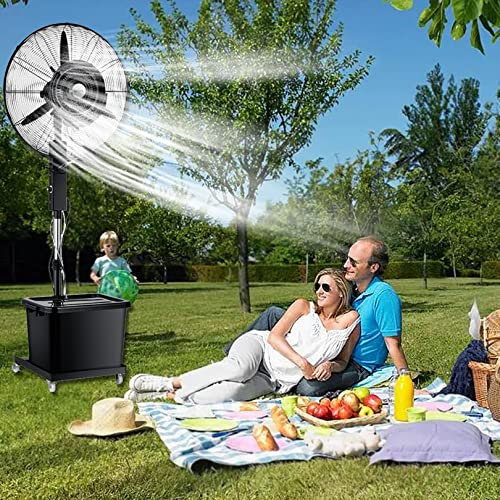 Isla Ventilador de nebulización, 3 velocidades de enfriamiento Ventilador de pie con tanque de 45L, Altura ajustable, Oscilación de 45°, Art decó Ventilador de pedestal para Patios traseros