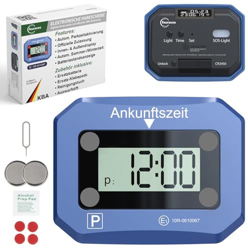 fouraces elektronische Parkscheibe - mit Ersatz Batterie, automatisch Sommer/Winterzeit, Zulassung des Kraftfahrtbundesamtes - automatische Parkuhr fürs Auto, blau, Digitale Park Uhr