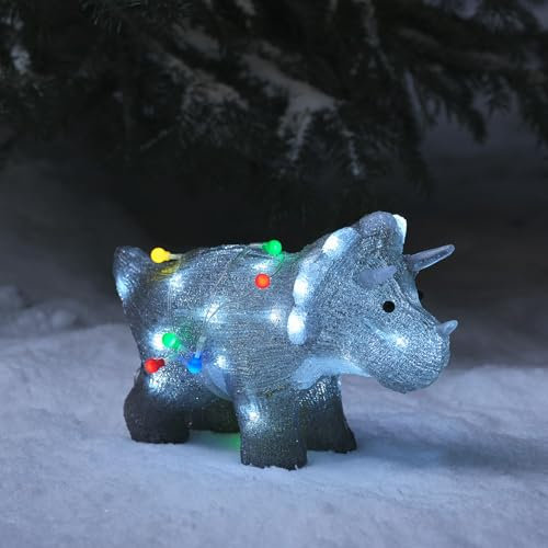 Lights4fun Dinosauro Triceratopo Luminoso a Pile da 36,5 cm con 40 LED Bianco e Timer Figura di Natale in Acrilico Decorazione Natalizia per Interni ed Esterni