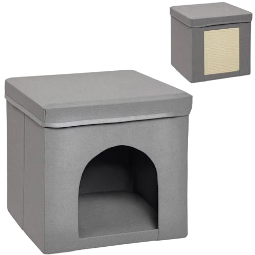 PawHut Casa para Gatos con Tablero de Rascar y Puerta para Interior - Cama Casita 36,5x36,5x36,5 cm Gris