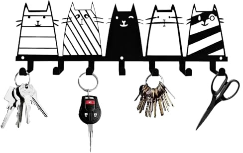 Lvjkes Schlüsselhalter, Schlüsselkasten Aus Metall, Schwarz Multifunktionaler Schlüsselhalter zur Wandmontage, Mit 7 Schlüsselhaken für Schlafzimmer, Eingänge, Garagen (Katze)