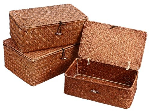 Warmhm 3stücke Teiliges Seegras Aufbewahrungskorb Deckel Handgeflochtener Organizer Für Kosmetik Büro Und Wohnaccessoires Praktischer Stauraum Für Ordentliches Zuhause