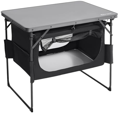 Portal Folding Camping Table with Storage Removable Cupboard Foldable Picnic Table Aluminium Composite Top Outdoor Garden Table Collapsible Durable Heavy Duty for BBQ Beach Campervan Motorhome Patio