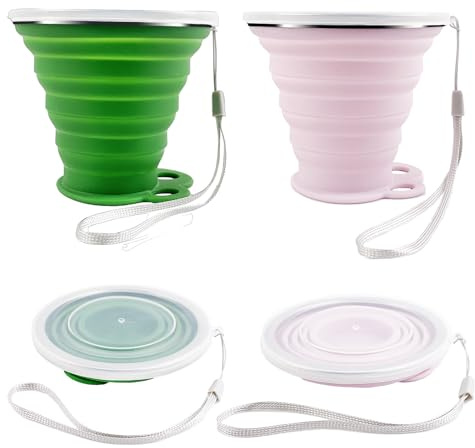 LFBEST 2 vasos plegables de silicona, 270 ml, vasos de viaje plegables con tapa hermética, vasos plegables reutilizables con tapa para senderismo, pícnic, viajes (rosa y verde) | Vasos plegables reutilizables con tapa hermética para senderismo/picnic/viajes (rosa+verde)