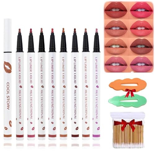 2-in-1 wasserfester Lippenstift und Lippenkonturenstift,Langanhaltender flüssiger Lipliner,natürliches Finish,antihaftbeschichteter Becher (8 Farben, Packung mit 8 Stück)