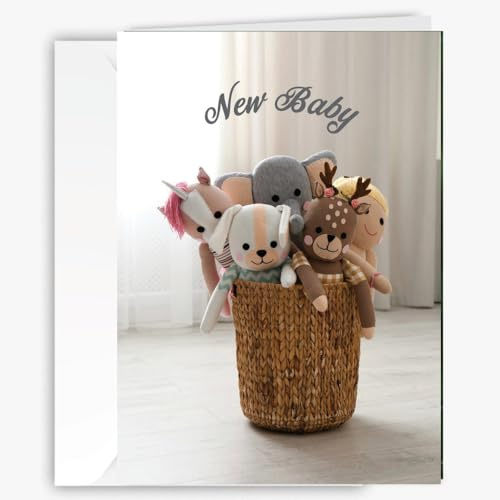 Cute New Baby Greeting Card - featuring woven basket with adorable stuffed animals – Heartwarming Sentiment inside, Larger size 5x7 - Congratulations, Celebrations, baby shower, birth announcements