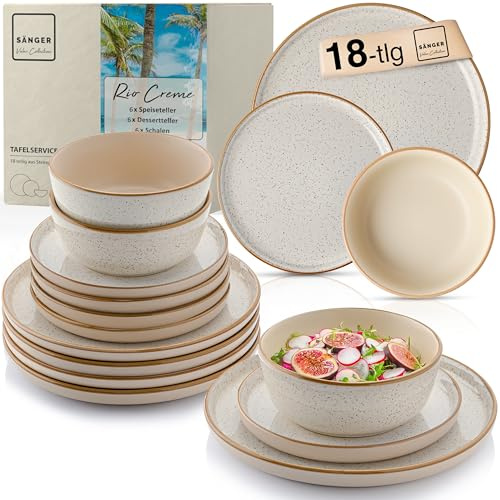 SÄNGER Rio Creme Tafelservice 18 teilig, Steingut Geschirr Set | 6 Personen, 6x Speiseteller 6x Dessertteller 6x Schalen Geschirrset und Schale creme