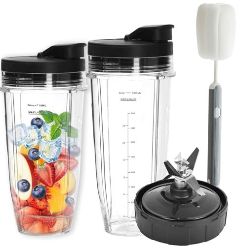 Ecopandy 6PCS Blender Replacement Parts Compatible with Nutri Ninja - 2 x 24oz Cups with 2 Flip Top to-Go Lids & Brush Compatible with Nutri Ninja BL480/BL490/BL640/BL682 (1x24+1x32 Oz)