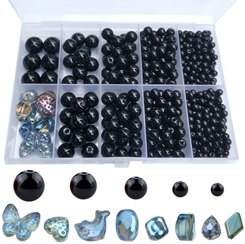 FAPUMOE 476 Stück schwarze runde Kristallglasperlen (4/6/8/10/12 mm) mit 8 charmanten Anhängern für die Schmuckherstellung –Glas-Abstandperlen (lose) für Bastelarbeiten, Armbänder