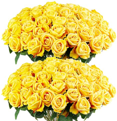 Auihiay 60 rose gialle, rose finte in velluto giallo, fiori realistici per centrotavola nuziali, bouquet da sposa, decorazioni per la casa, baby shower, decorazioni per feste di San Valentino
