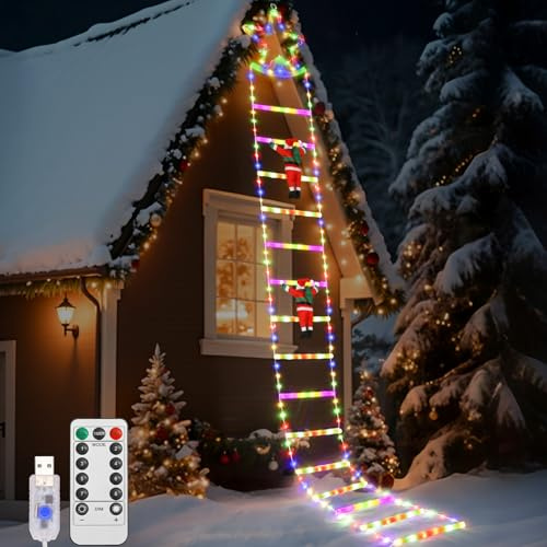 Lewondr Weihnachtsbeleuchtung Außen LED Leiter Lichterkette, 3M Weihnachtsbeleuchtung Fenster mit 2 Weihnachtsmännern,8 Modi Fernbedienung, 298 LED Innenbereich Wand Weihnachtsbaumdekoration, Bunt