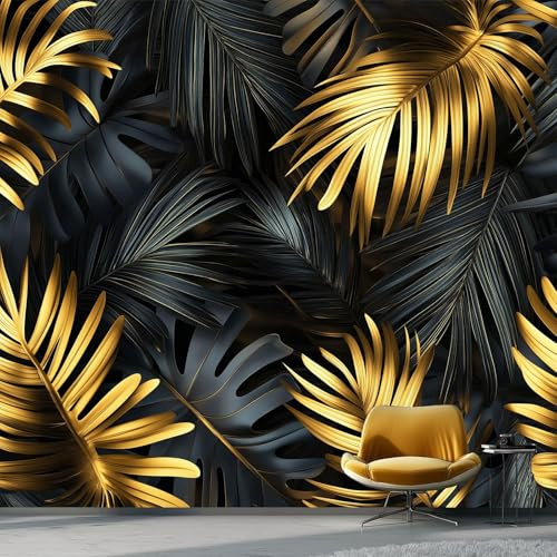 Papel Pintado Lujo Hojas De Palma Plantas Fotomurales No Tejido, 300 x 210 cm Murales Decoración de Pared, Papel Pintado Tejido no Tejido Murales Personalizado Para Salón Dormitorio, Negro Dorado