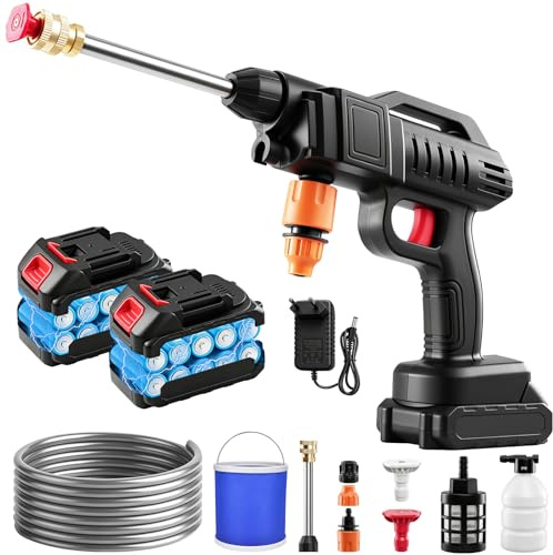 Viugreum 1500W Limpiador a Presión Inalámbrico con 2 * 2000 mAh Baterías, Limpiador a Presión Portátil de 21V con 2 Boquillas (0°, 40°), Manguera de 5m, Cubo, Conector y Recipiente Espuma Adecuado