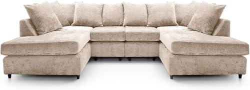 Modular U Shaped Sofa - Comfortable Chenille Corner Suite - 6 Seater Corner Couch - Sectional Scatter Back Settee - Ideal U Shape for Living Room Lounge Indoors (Beige, U Shaped)
