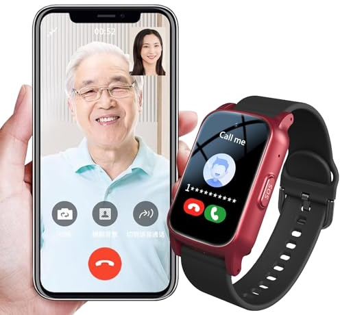 Vexorium Traceur GPS pour Personnes Âgées, Montre avec Détection de Chute, Alarme SOS d'urgence, Suivi GPS en Temps Réel, Appels Vidéo HD, Aide pour Démence,Rouge