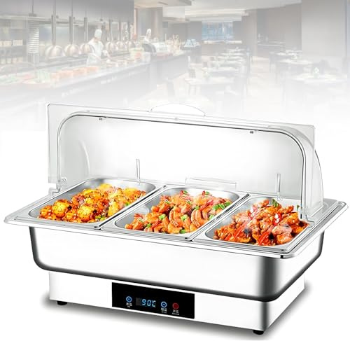 GLBMXDD 9QT Electric Chafing Dish Buffet Set,Electric Buffet Servers and Warmers,Stainless Steel Food Warmer with Transparent Roll Top Lid, for Hotels and Restaurants 3