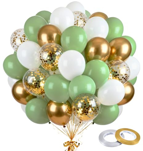 Palloncini Verde Salvia e Oro, 60 Pezzi Set a Coriandoli Oro Metallizzato 12 Pollici con 2 Nastri per Compleanno, Matrimonio, Anniversario, Laurea, Baby Shower(Verde)