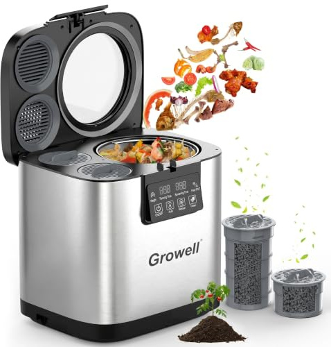Growell Composter elettrico da cucina da 4 l, bidone del compost da banco con doppio filtro al carbonio, finestra visibile, pulizia automatica, motore brushless aggiornato silenzioso e di lunga durata