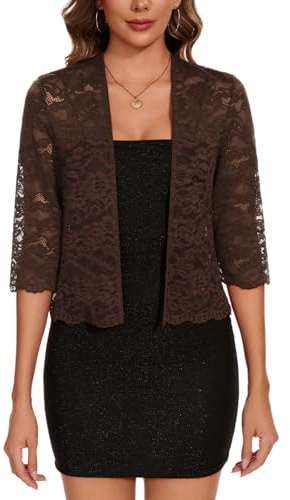 Kyzoeyou Womens Open Front Shrug Lace Bolero Cardigans 3/4 Sleeve Shrugs Casual Elegant Top Dress Cover Up (Brown, L)