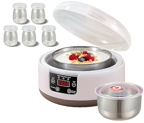 Yogurtera probiótica, yogurtera Inteligente de 1L con Pantalla, 5 Tazas, Control de Temperatura de 35-45°C, Temporizador de 36 Horas, Interior de Acero Inoxidable 304