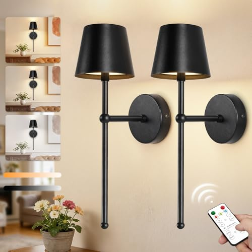 Ketom Rechargeable Wall Lights Gold, 2 Pack Battery Wall Lights Indoor | Wireless Wall Lights, Dimmable, 3 Color Temperature, Timer, Wall Lamp with Remote Control, Wall Sconce Lights Traditional