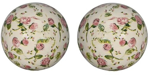Posiwio dekorative Deko-Kugel Keramik-Kugel Motiv abstrakte rosa Rosenblüten und grüne Ranken Preis für 2 Stück