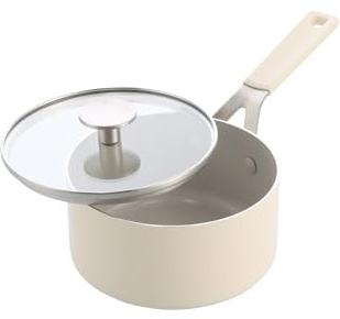 KitchenAid Aluminium Ceramic Non-Stick Saucepan with Glass Lid, 16 cm/1.58 L, PFAS Free, Induction Safe, Stainless Steel Handle, Oven Safe, Dishwasher Safe, Cream White