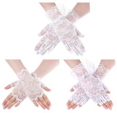 Tweruna 3 Pairs White Lace Gloves, Elegant Short Tea Party Gloves for Women