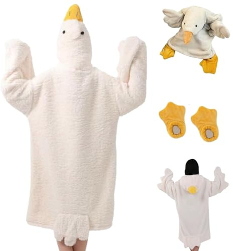 Funny Goose Bärbar filt, Bärbar Gåsfilt Hoodie Onesie, Överdimensionerad Cosplay Gåsdräkt med Gooses Feet Tofflor(White,M)