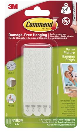 Command Narrow Picture Hanging Strips, White, 4 Pairs (8 Strips) - Adhesive Strips - For Pictures, Frames, Mirrors, Wall décor - Damage Free Hanging