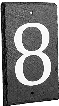 Number 8-14.5 x 9cm Natural Solid Slate House Number Plaque (0-9) Indoor & Outdoor Rustic Door Numbers Sign Including Fixings & Caps - by Nicola Spring