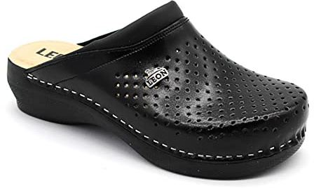 LEON PU100 Läderskor Träskor Clogs Tofflor Pantoletter Komfortskor, Kvinnor, Svart, EU 40