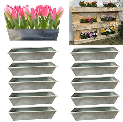 Hossi's Wholesale 10er Set Zink Paletten Blumenkästen - Einsatz 38cm groß Silber - aus Metall verzinkt - Zinkkasten Pflanzkasten Balkonkasten Blumentopf für Europaletten