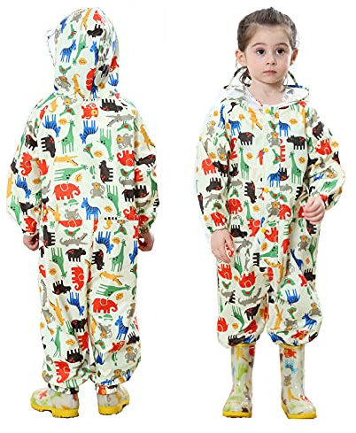 FILOWA Kids Raincoat Girls Puddle Suits Hooded Rainsuit All in One Waterproof Yellow Rainwear Lightweight Portable Breathable PVC Hat Brim Zipper Dinosaur Muddy Suit 1-3 Years