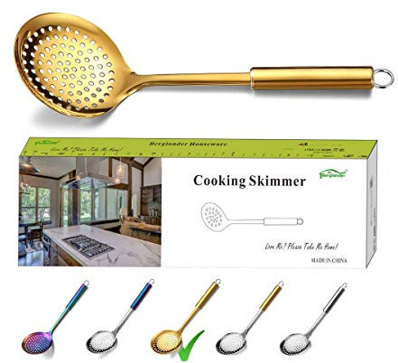 Berglander Cuchara desnatadora dorada, Colador de acero inoxidable, Espumadera dorada para cocinar con revestimiento de titanio, Cucharas ranuradas, Espumadera de cocina para cocinar