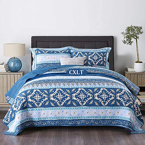 CXLT Blaue Tagesdecke King Size Double Hochwertige Steppdecke Bettdecke Baumwolle Gesteppt 3-teiliges Bettwäscheset Multifunktions-Patchwork-Bedspread/Decke 230x250cm + 2 Kissenbezüge 50x70cmx2