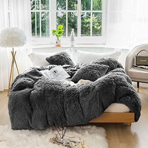 CoutureBridal Bettwäsche 155x220cm Grau Warm Winter Plüsch Langhaar Flauschig Flanell Biber Bettbezug mit Reißverschluss und Kissenbezug 80x80cm