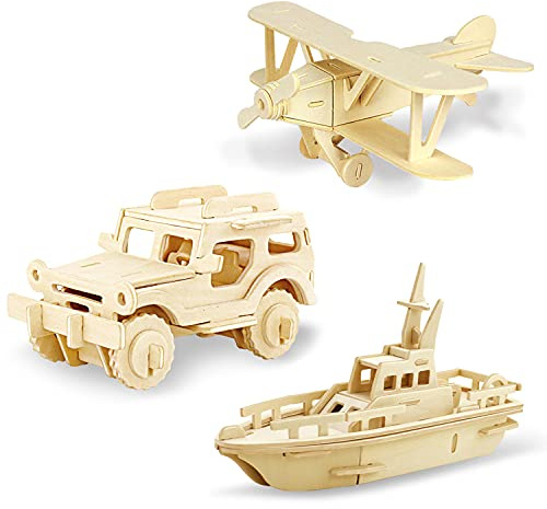 Georgie Porgy Kids Toys Construction Woodcraft Kits 3D Wooden Model Puzzle Kits Birthday Gifts Pack of 3 Jigsaw (Biplane Off-road Vehicle Yacht)