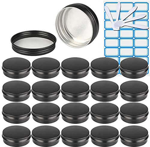 ZEOABSY Pack of 20, Empty 100ml Matte Black Aluminium Tins with Screw Lids Round Cosmetics Containers Pots Storage Jars for Lip Balm DIY Candle Salve Powder Crafts with 5 Spatula, 1 Labels