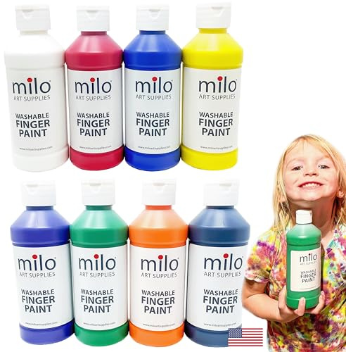 milo Kid's Washable Finger Paint Set of 8 Colors | 8 oz Bottles | Safe and Non-Toxic | Made in the USA | Arts & Crafts Paints for Kids, Toddlers, Pre School Supplies Painting Set for Children | Easy Pour and Squeeze Bottles