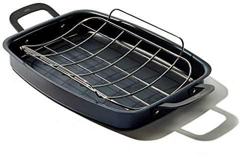OXO Obsidian Pre-Seasoned Carbon Steel, 15 x 10.5 Roasting Pan with Stainless Steel Roaster Rack, Induction, Black