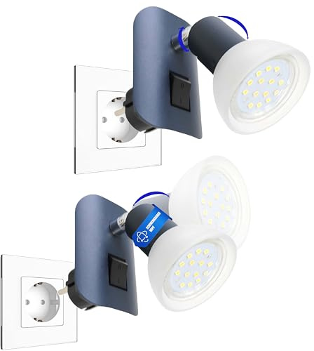 Trango 2er Pack 11-245 LED Steckerlicht in Anthrazit matt Steckerleuchte mit Glasschirm inkl. je 1x GU10 LED Leuchtmittel 3000K warmweiß & Kippschalter Leselampe Küchenlampe, Steckdosenlampe Wandlampe