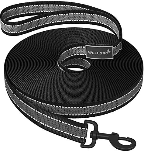 WELLGRO Schleppleine für Hunde mit Handschlaufe 3m / 5m / 10m / 15m / 20m / 25m / 30m Hundeleine robust Nylon Anti-Slip reflektierend Metallkarabiner Trainingsleine, Größen:20 Meter
